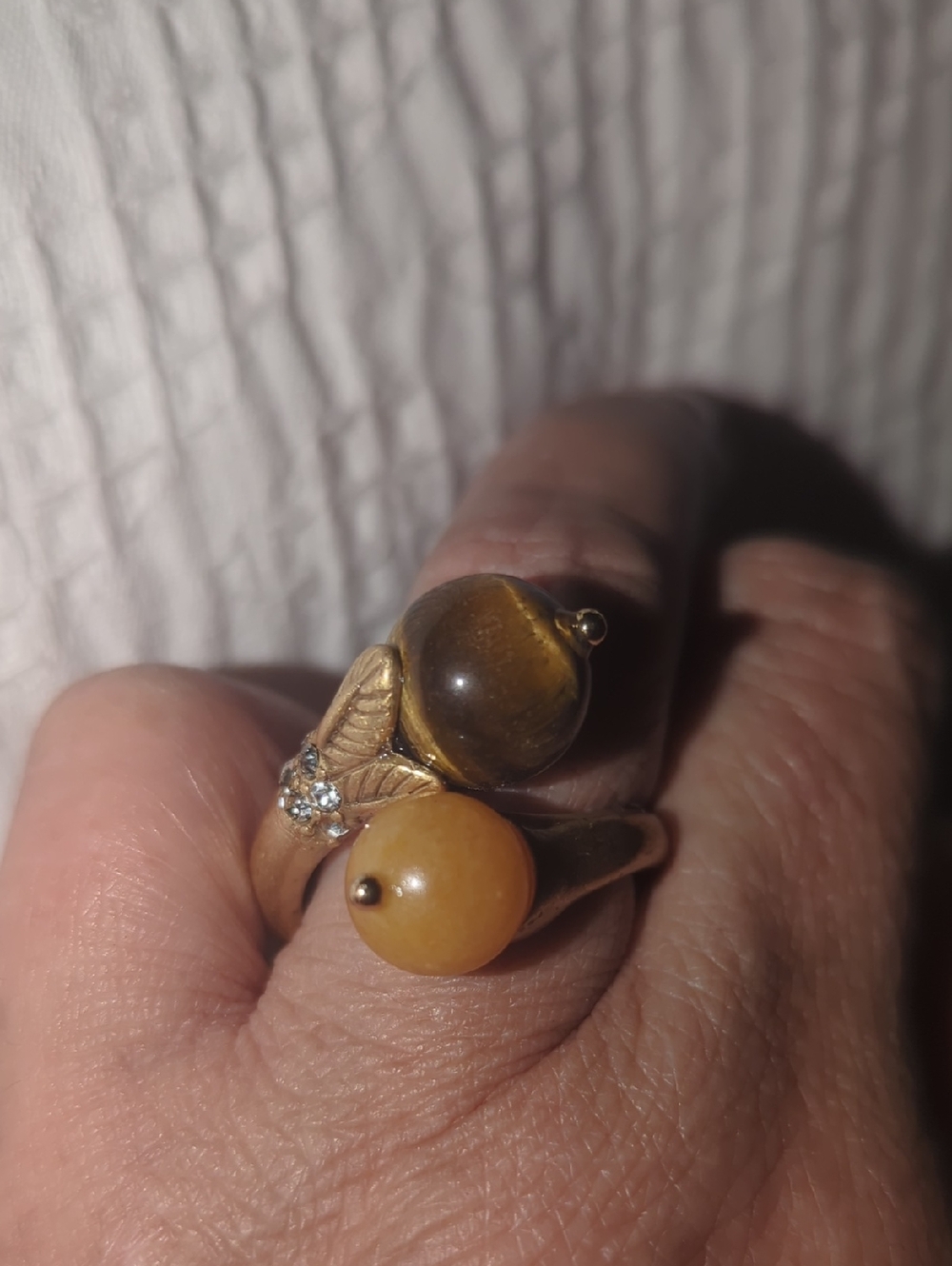Gold-Tone Double Bead Womens Ring with Tiger Eye and Yellow Bead